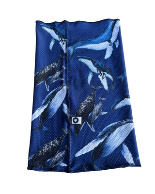 Buff cuello multifuncional The Ocean Lung con protección solar 50+, ballenas jorobadas y delfines sobre fondo azul marino oscuro, Ocean Ambassadors.
Alt text (detalle/doblado): Detalle del logo The Ocean Lung y bordado Ocean Ambassadors en el buff cuello Ballenas, tela mesh técnica azul marino.